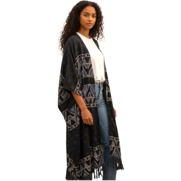 Ecote Sweaters - Ecote Free People Textured Bohemian Kimono Black Aztec Open Fringed Cardigan OS